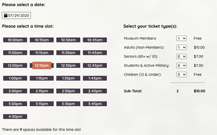 screenshot of ticketing system, displaying time slots and ticket types
