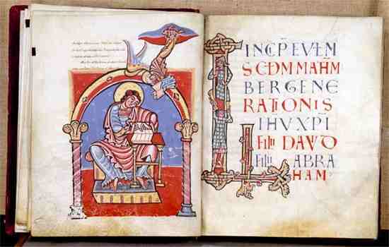 Image of an old manuscript, lying open on a table